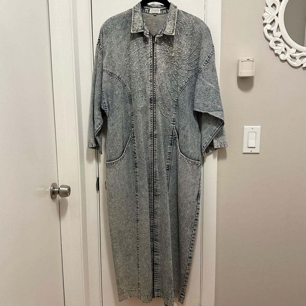 Vintage 80s Handmade KAZU Designs Long Denim Dress XL Beaded Embellished Zip - Picture 2 of 13